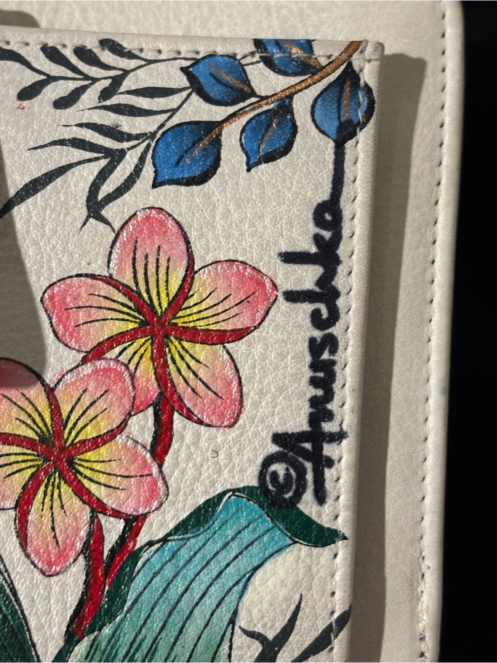 Hand Painted Anuschka White Floral & Leopard Crossbody Bag - Picture 6 of 10